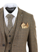 Mens 3 Piece Tweed Check Suit - Brown