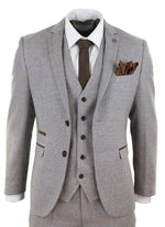 Mens 3 Piece Tweed Check Suit - Cream