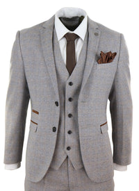 Mens 3 Piece Tweed Check Suit - Cream