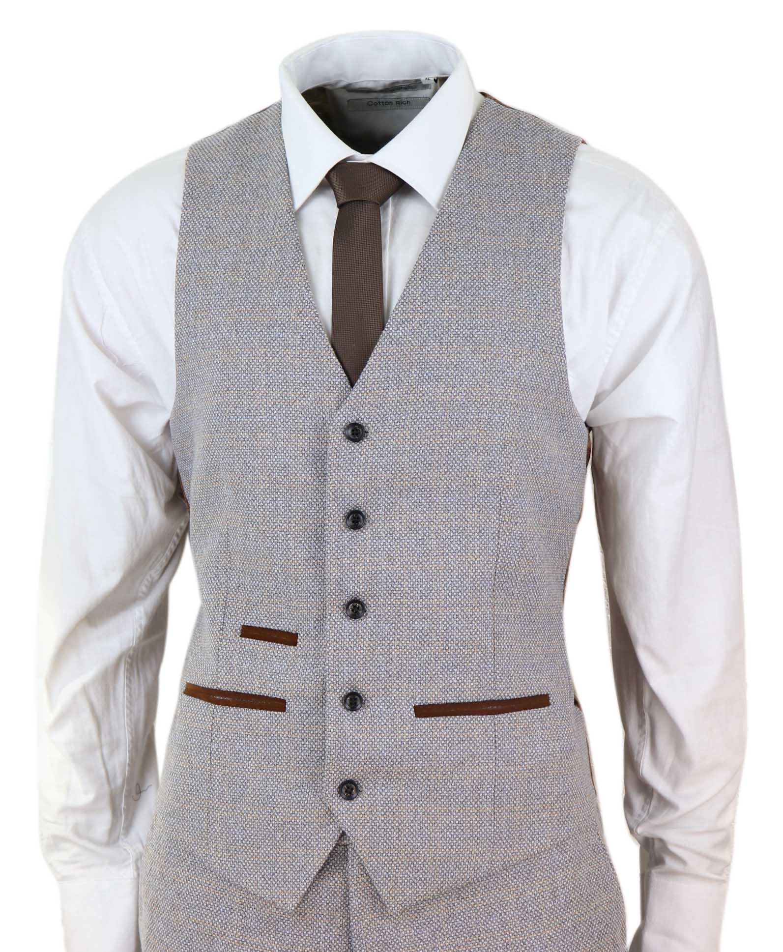 Mens 3 Piece Tweed Check Suit - Cream