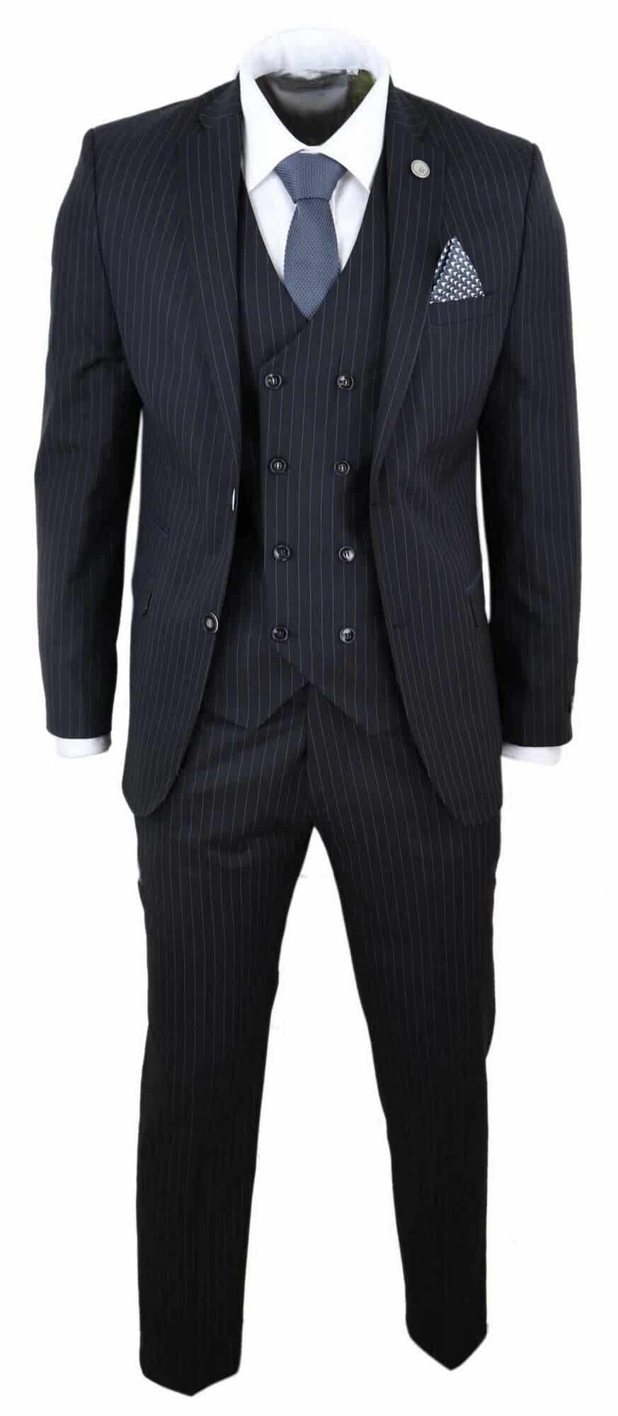 Mens  Black 3 Piece Pinstripe Suit