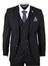 Mens  Black 3 Piece Pinstripe Suit