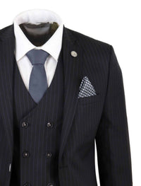 Mens  Black 3 Piece Pinstripe Suit