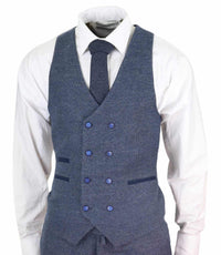 Mens Blue 3 Piece Suit with Double Breasted Waistcoat