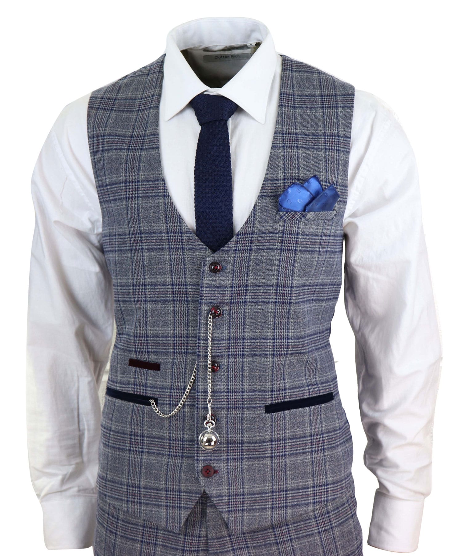 Mens Blue Grey Checkered 3 Piece Suit