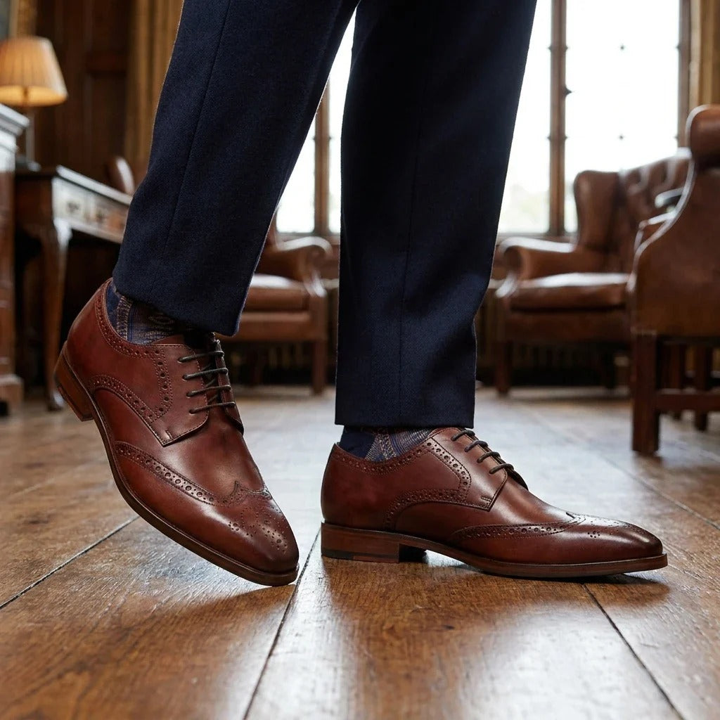 Pánské vínové kožené klasické formální šněrovací boty brogue