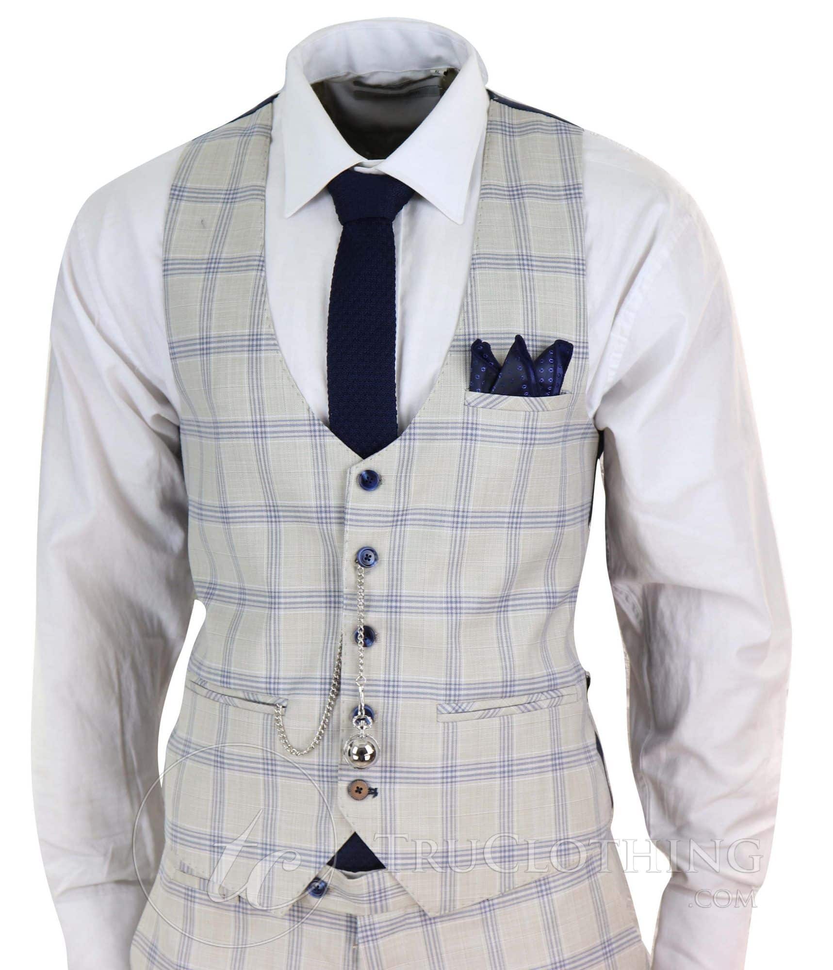 Mens Cream Blue Check Wedding Suit