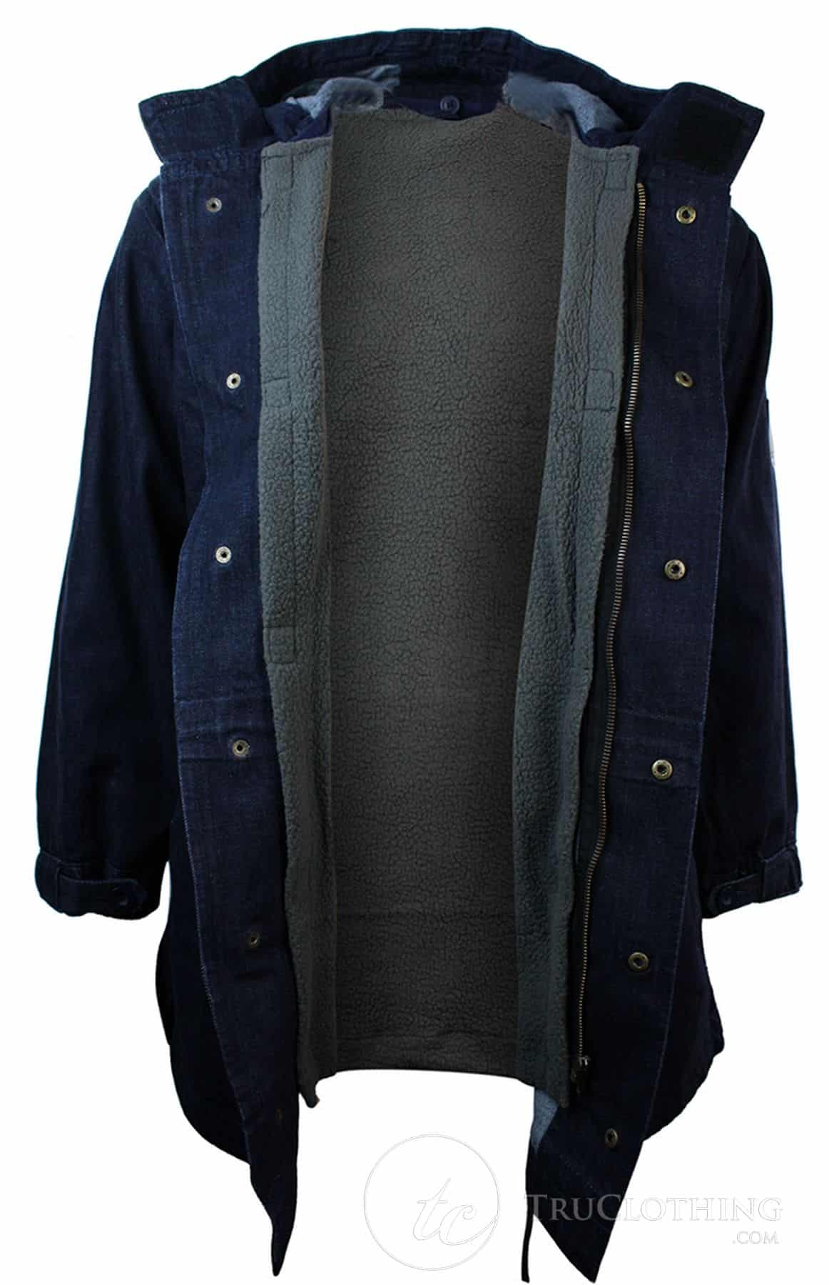 Mens Denim Overcoat Hooded Jeans Jacket Fleece Lined 3/4 Trench Duffle