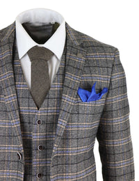 Mens Grey 3 Piece Tweed Check Suit