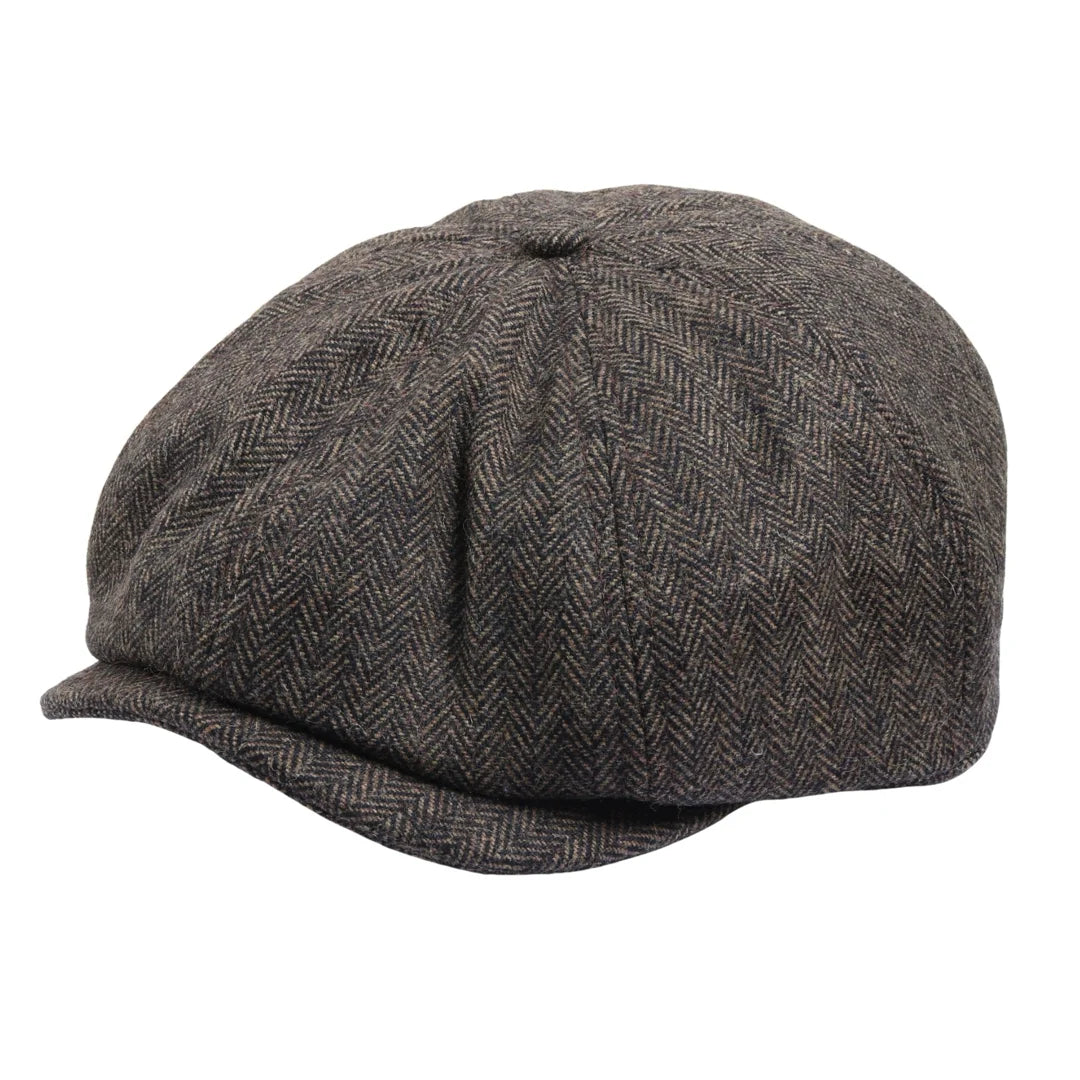 Pánská klasická plochá čepice Newsboy s motivem rybí kosti - hnědá