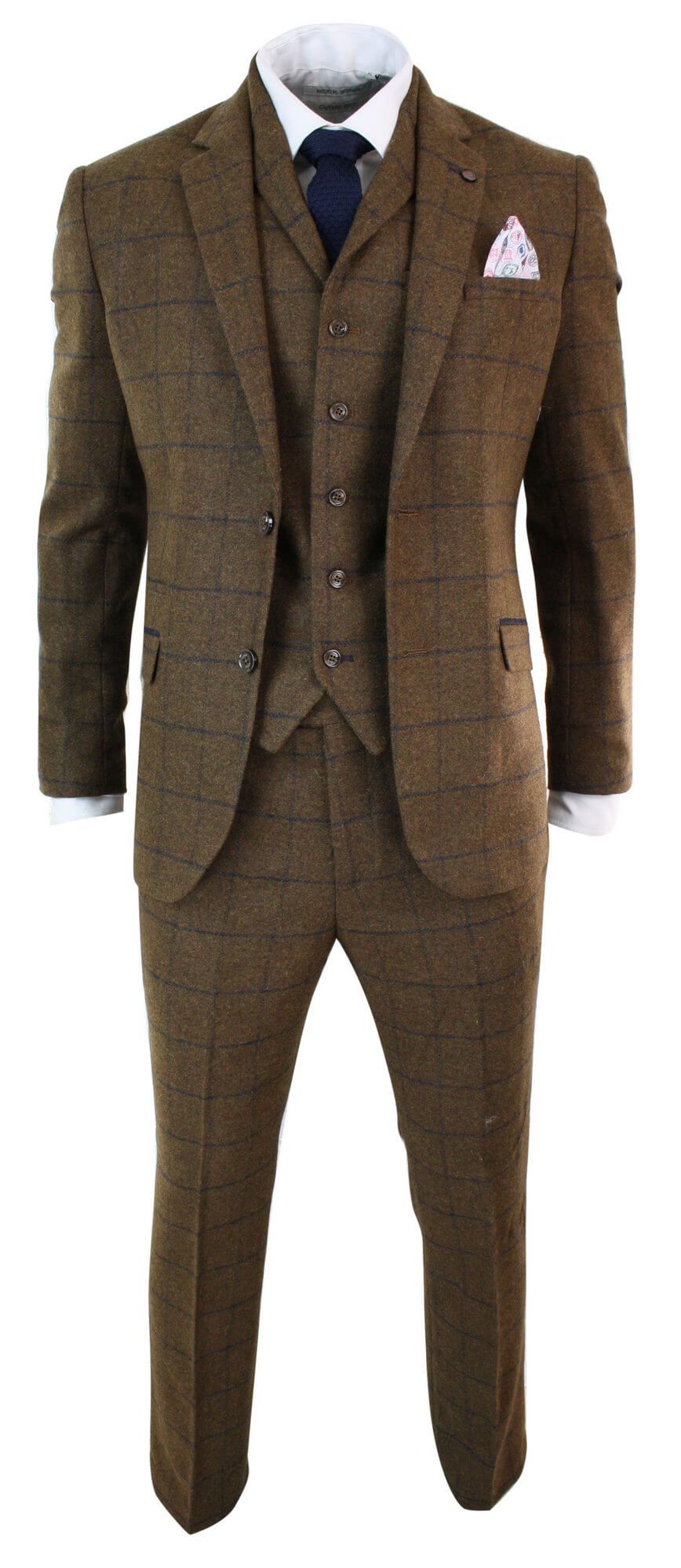 Mens Herringbone Tweed Check 3 Piece Wool Suit Peaky Blinders - Tan Brown