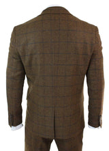Mens Herringbone Tweed Check 3 Piece Wool Suit Peaky Blinders - Tan Brown