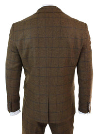 Mens Herringbone Tweed Check 3 Piece Wool Suit Peaky Blinders - Tan Brown