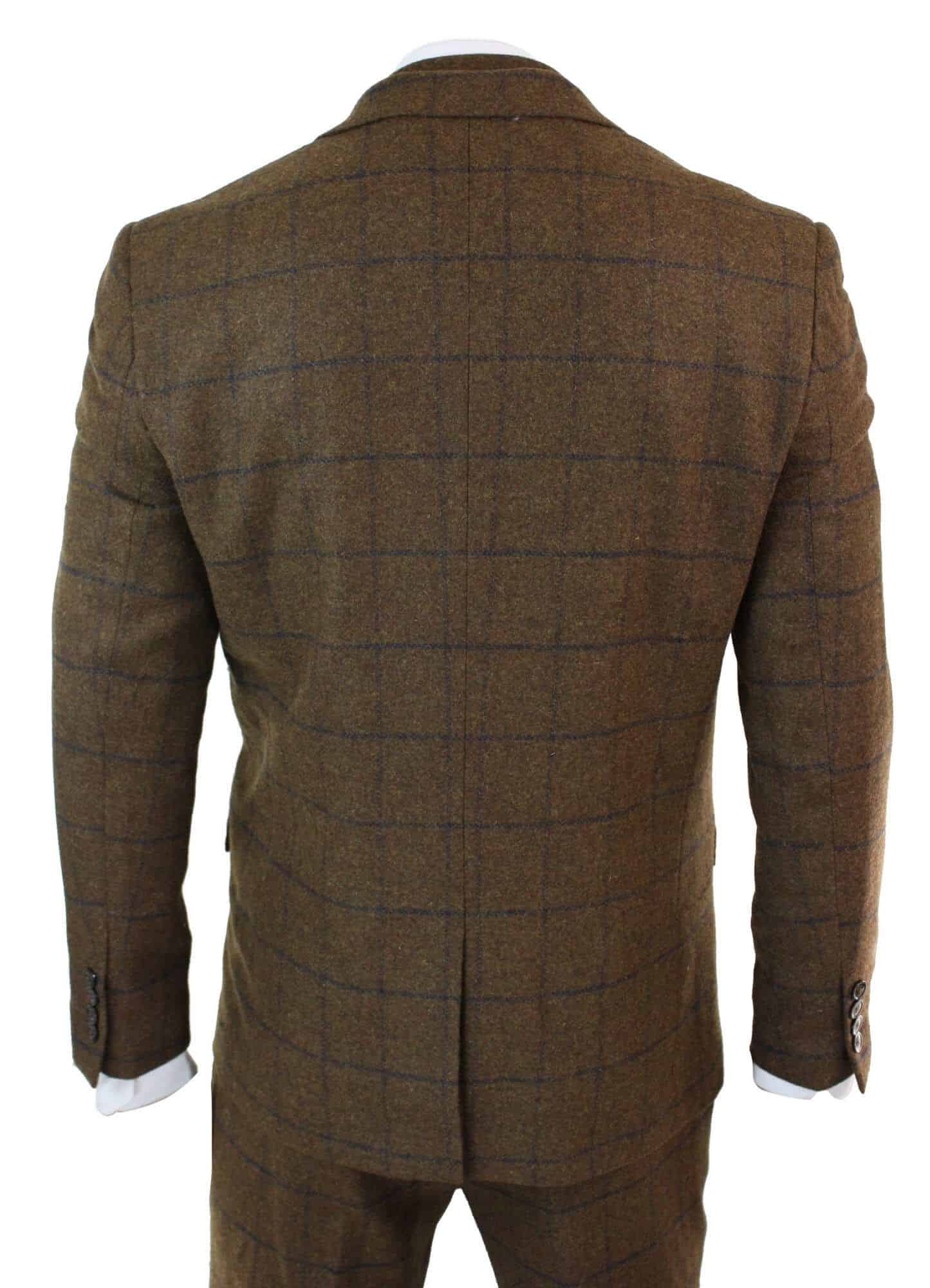 Mens Herringbone Tweed Check 3 Piece Wool Suit Peaky Blinders - Tan Brown