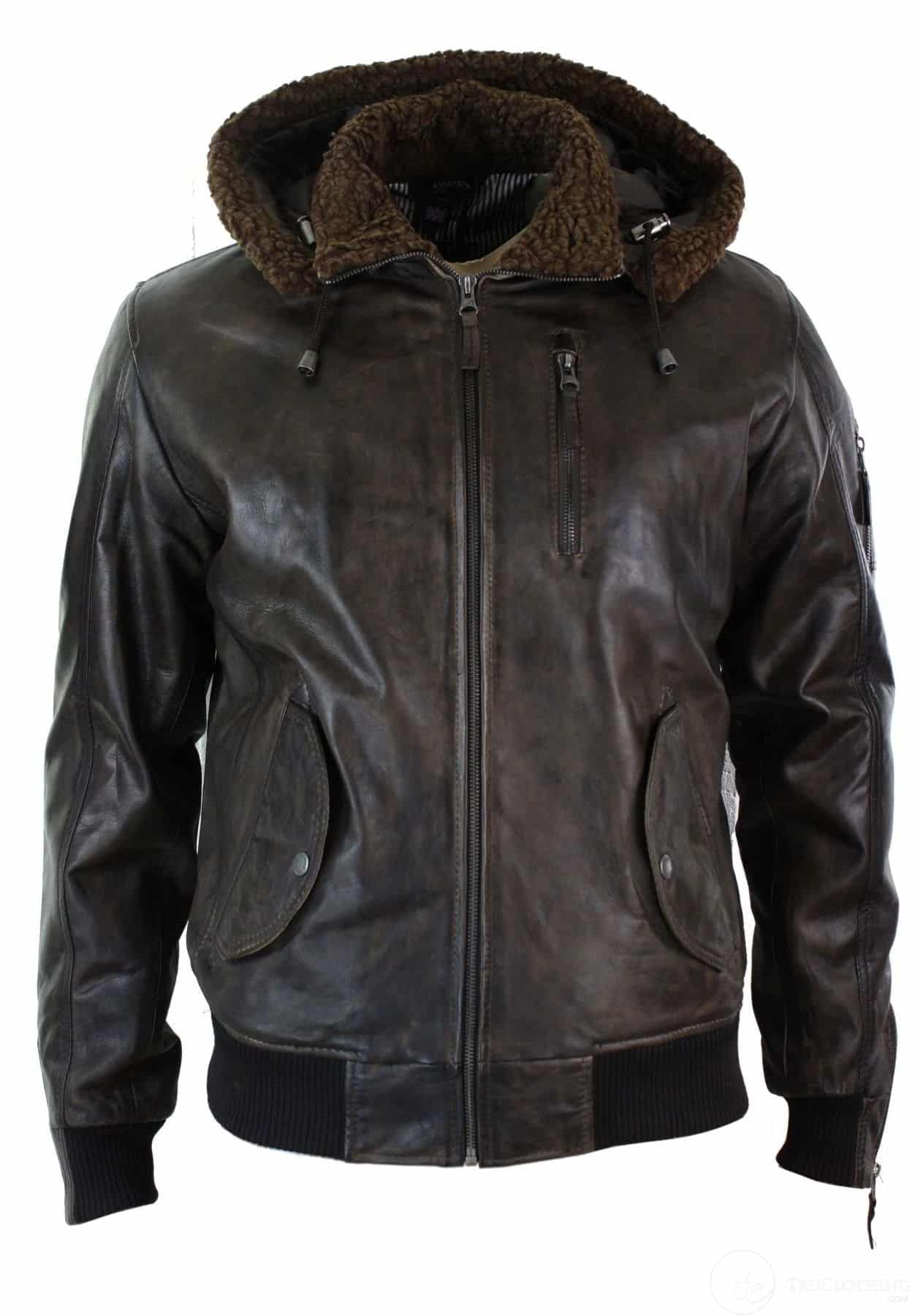 Mens Real Leather Hood Fur Jacket Bomber Aviator Vintage Brown Retro-Brown