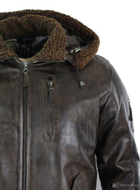Mens Real Leather Hood Fur Jacket Bomber Aviator Vintage Brown Retro-Brown