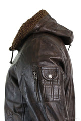 Mens Real Leather Hood Fur Jacket Bomber Aviator Vintage Brown Retro-Brown