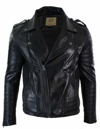 Real Leather Cross Zip Vintage Retro Mens Biker Jacket Black Urban Slim Fit-XXXL-Black