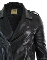 Real Leather Cross Zip Vintage Retro Mens Biker Jacket Black Urban Slim Fit-XXXL-Black