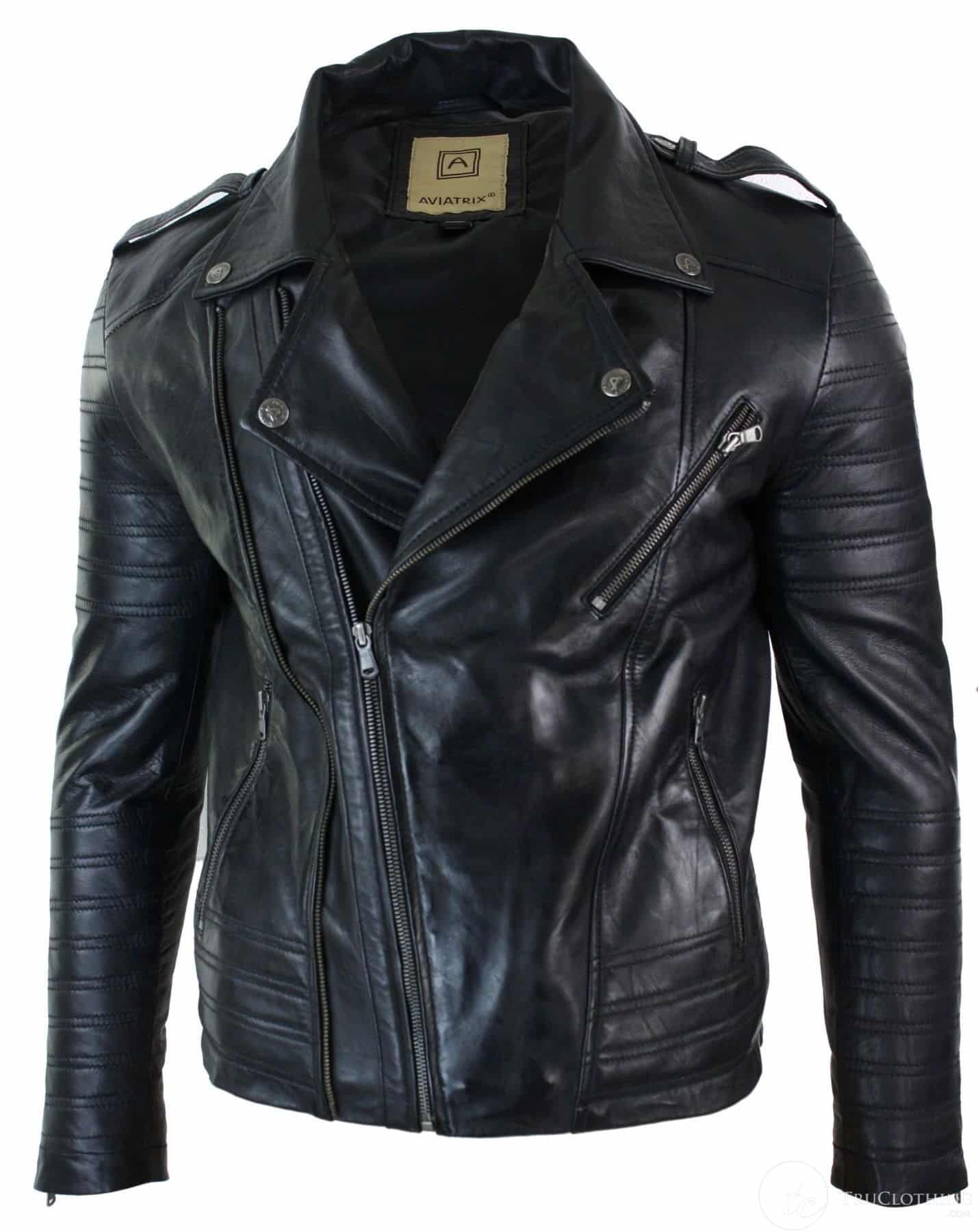 Real Leather Cross Zip Vintage Retro Mens Biker Jacket Black Urban Slim Fit-XXXL-Black