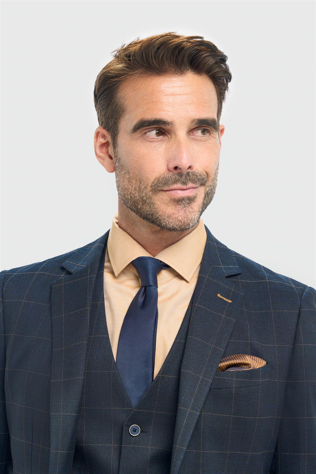 Pánské tmavě modré kostkované sako padnoucího střihu