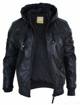 Mens Black Hood Real Leather Bomber Jacket Red Stripes Quilted Slim Fit Casual