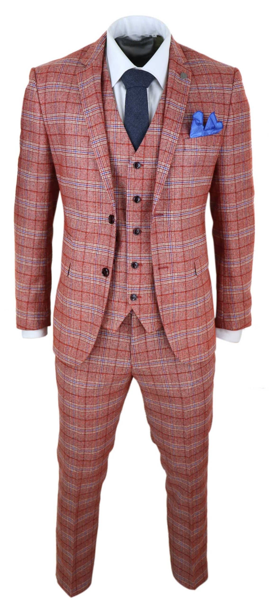 Mens Red 3 Piece Tweed Check Suit