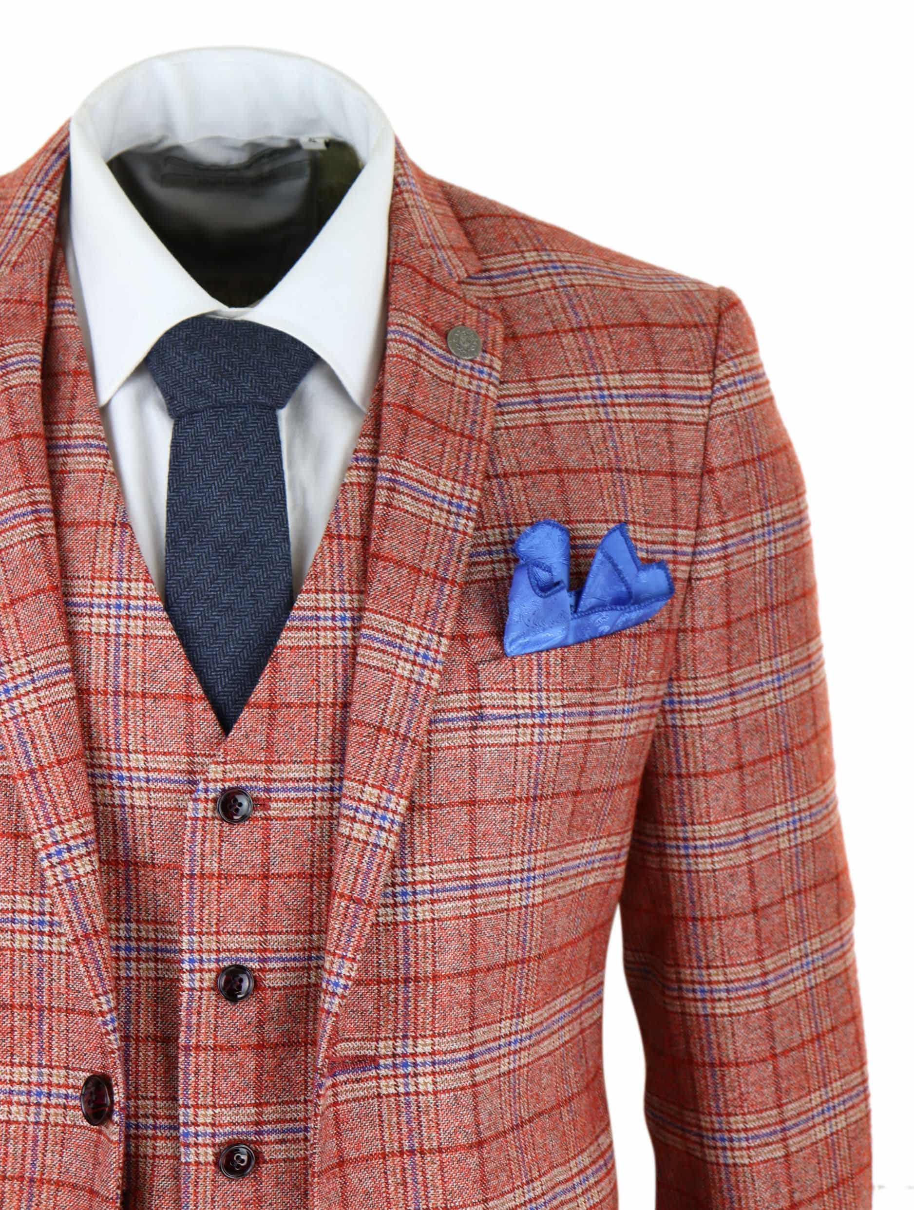 Mens Red 3 Piece Tweed Check Suit