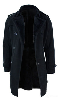 Mens Sherling Sheepskin Black Grey Double Breasted Belted 3/4 Overcoat