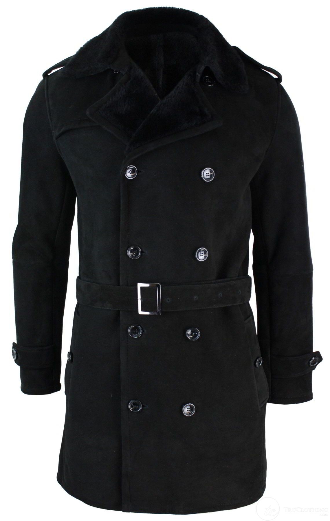 Mens Sherling Sheepskin Black Grey Double Breasted Belted 3/4 Overcoat