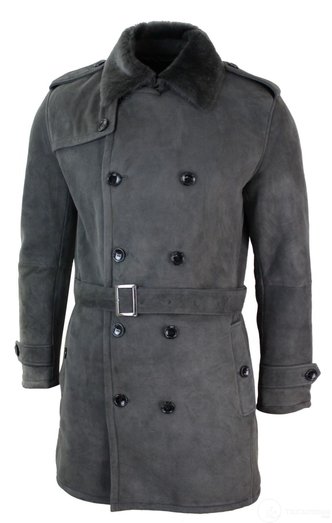 Mens Sherling Sheepskin Black Grey Double Breasted Belted 3/4 Overcoat