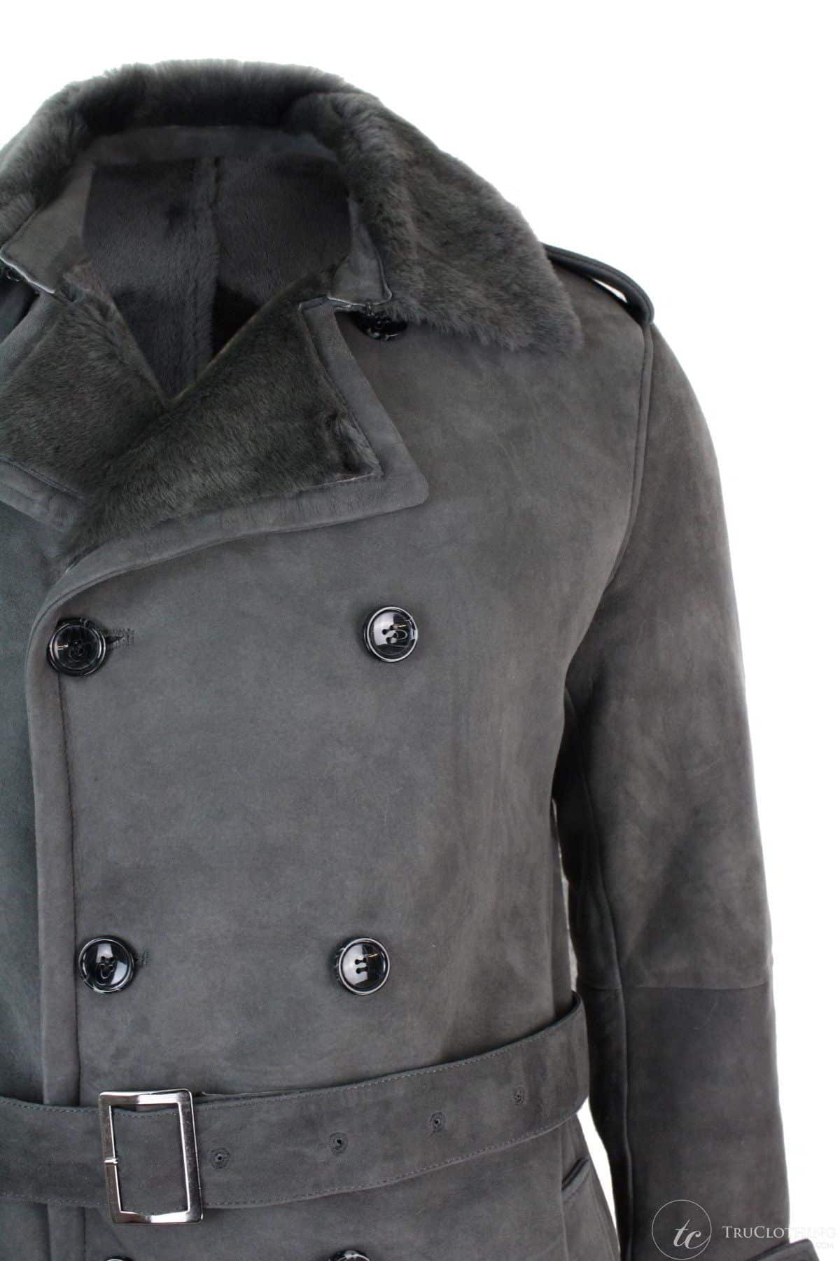 Mens Sherling Sheepskin Black Grey Double Breasted Belted 3/4 Overcoat