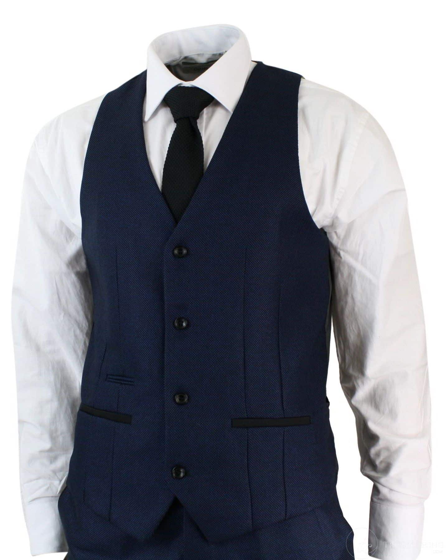 Mens Tailored Fit 3 Piece Blue Black Smart Formal Designer Suit Wedding Party