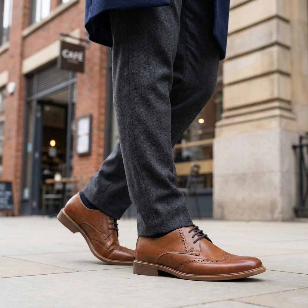 Pánské hnědé kožené společenské boty Oxford Brogue s křídlovým koncem