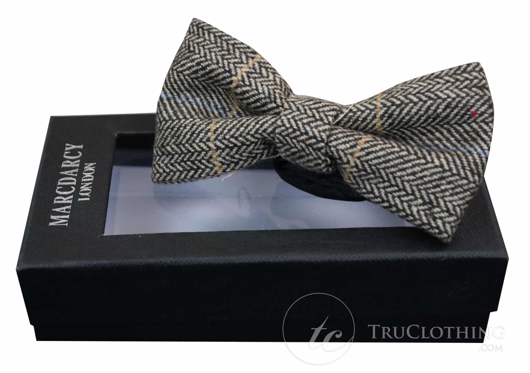 Mens Tweed Herringbone Textured Marc Darcy Bow Ties Vintage Retro Tan Brown