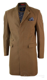 Mens Winter Over Coat 3/4 Trench Jacket Herringbone Long Velvet Trim Button-Tan