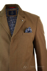 Mens Winter Over Coat 3/4 Trench Jacket Herringbone Long Velvet Trim Button-Tan