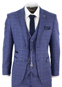 Mens Tweed Blue 3 Piece Check Suit Pocket Watch Tailored Fit Peaky Blinders