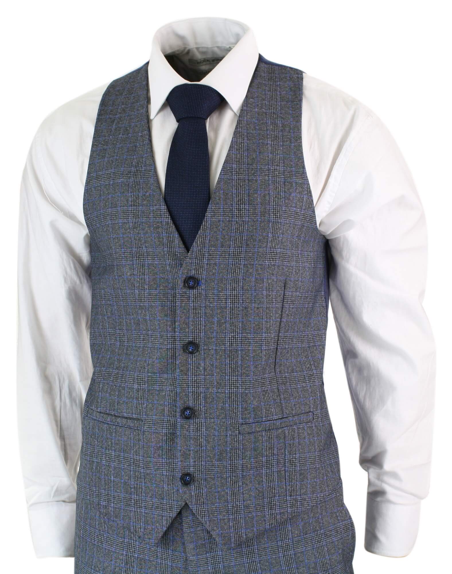Paul Andrew Henry - Mens 3 Piece Tailored Fit Prince Of Wales Check Grey Blue Tweed Suit Vintage Retro