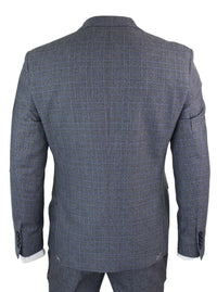 Paul Andrew Henry - Mens 3 Piece Tailored Fit Prince Of Wales Check Grey Blue Tweed Suit Vintage Retro