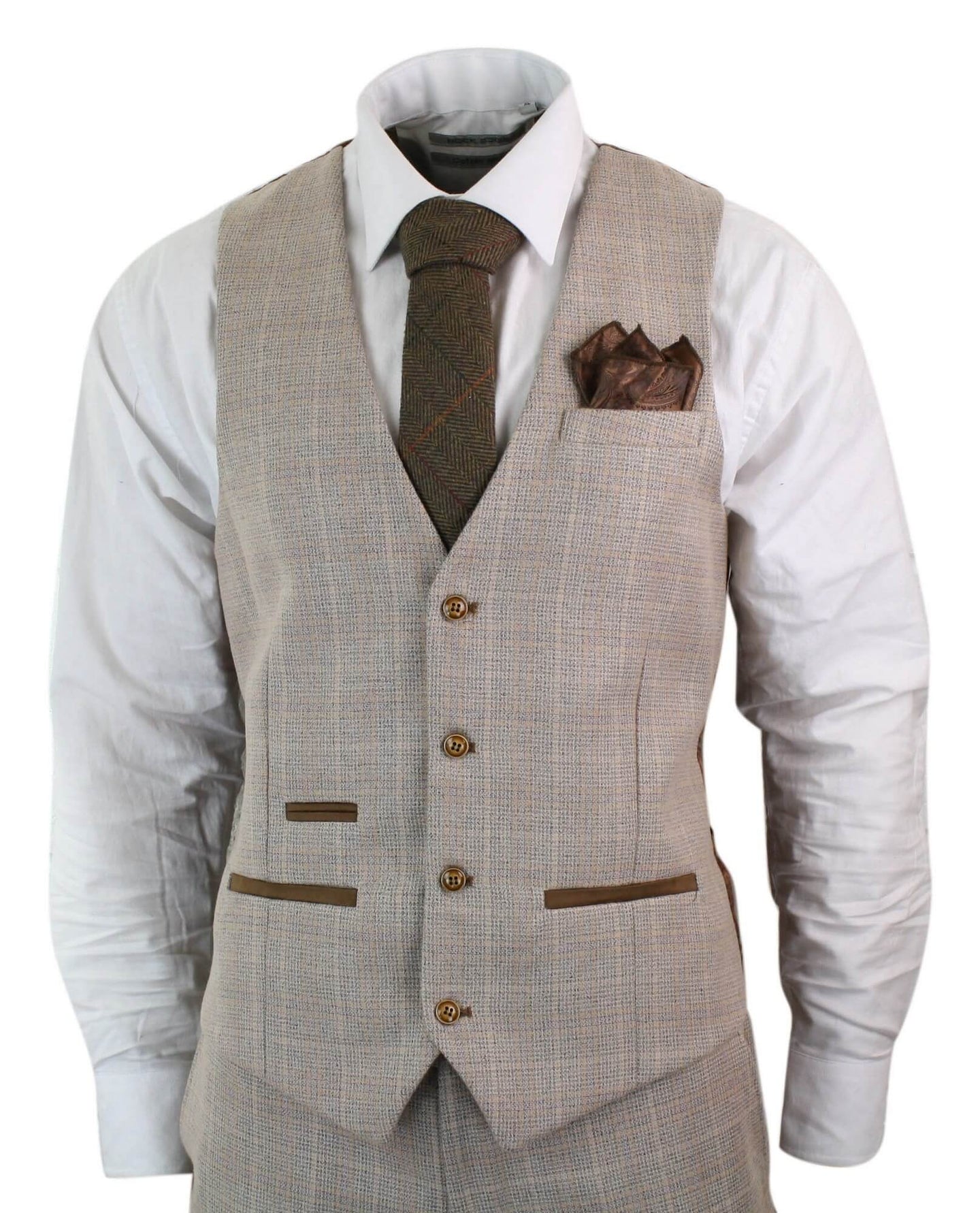 Paul Andrew Holland - Mens Check Tweed Beige Brown 3 Piece Suit Wedding Prom Vintage Retro Classic