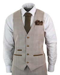 Paul Andrew Holland - Mens Check Tweed Beige Brown 3 Piece Suit Wedding Prom Vintage Retro Classic
