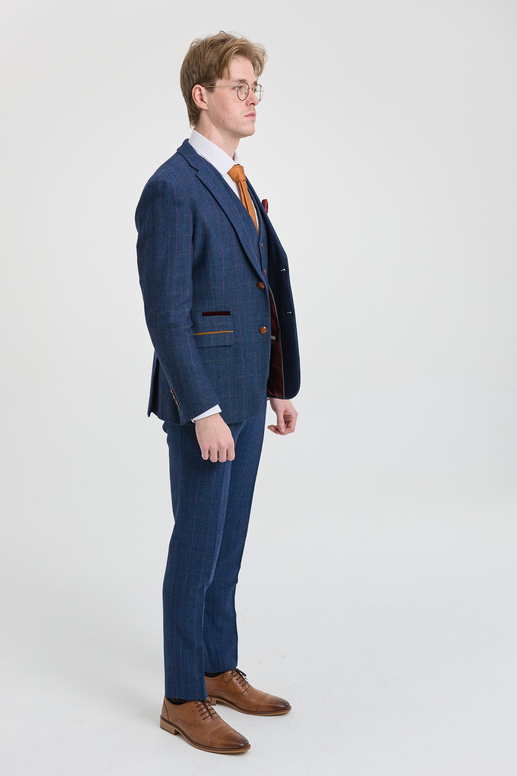 Pánský modrý třídílný tvídový kostkovaný oblek Scott