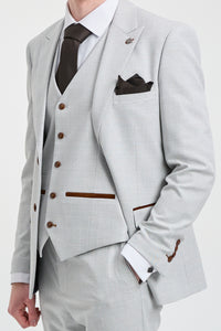 Pánský třídílný tvídový kostkovaný oblek Mark šedé barvy s hnědým lemováním na svatby a plesy