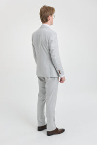 Pánský třídílný tvídový kostkovaný oblek Mark šedé barvy s hnědým lemováním na svatby a plesy