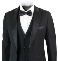 Paul Andrew Regent Black - Mens 3 Piece Black Classic Satin Tuxedo Dinner Suit Tailored Fit Wedding Prom