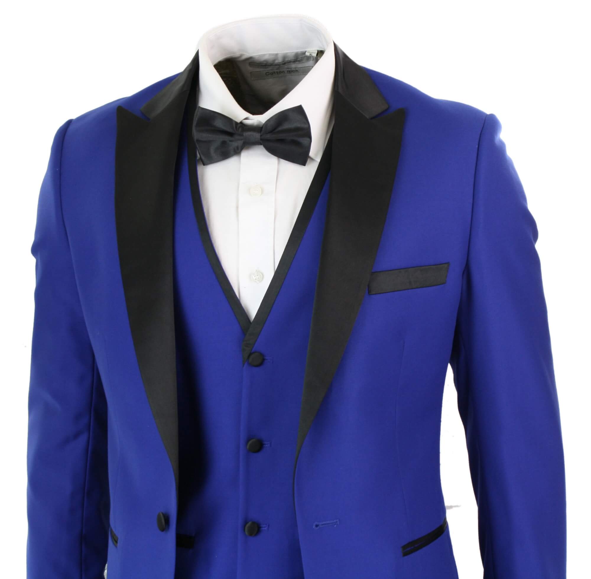 Paul Andrew Regent Blue - Mens 3 Piece Blue Black Satin Tuxedo Dinner Suit Tailored Fit Wedding Prom Groom