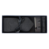 Paisley Neck Black Tie Gift Set Pocket Square Cuff Links Floral Satin