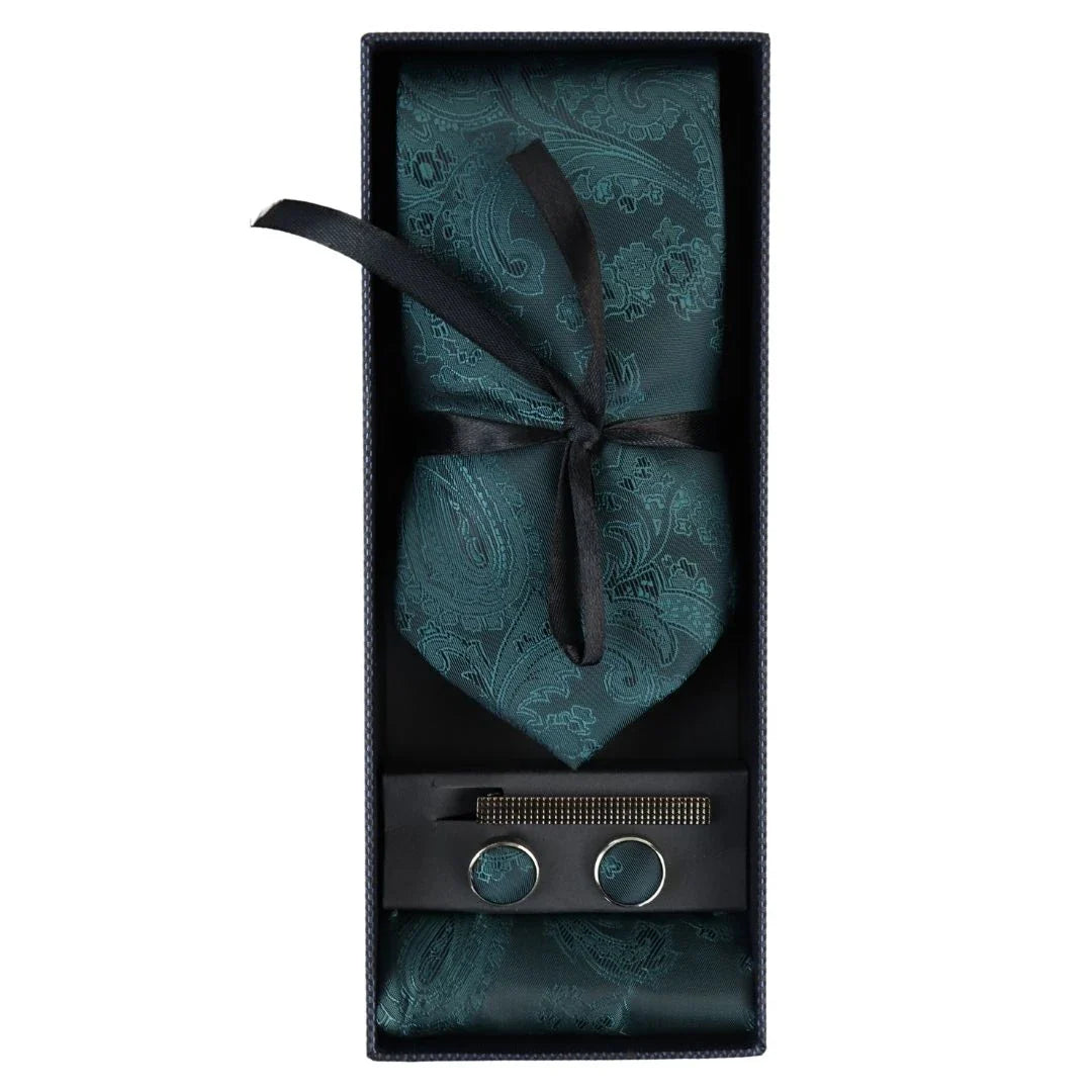 Paisley Neck Green Tie Gift Set Pocket Square Cuff Links Floral Satin