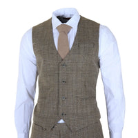 Pánský třídílný oblek s klasickým kostkovaným vzorem, hnědý, úzký střih